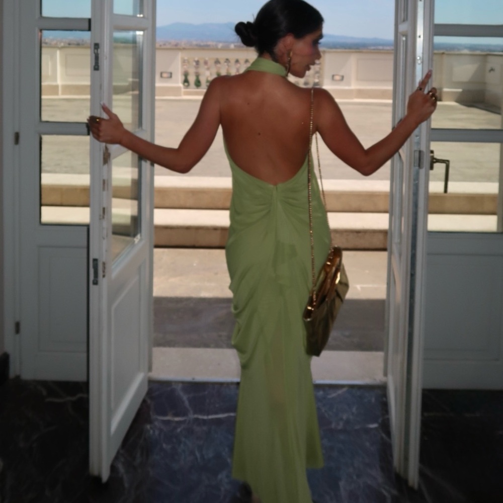 Asymmetrical One-Shoulder Draped Maxi Dress in Lime Green - Picture 7 of 7